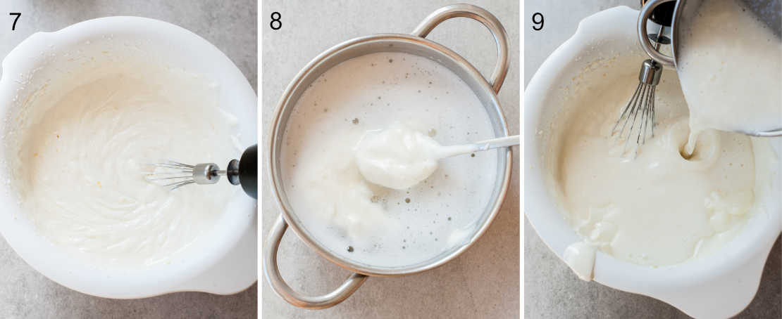 Collage of 3 photos showing making of no-bake Greek yogurt cheesecake.