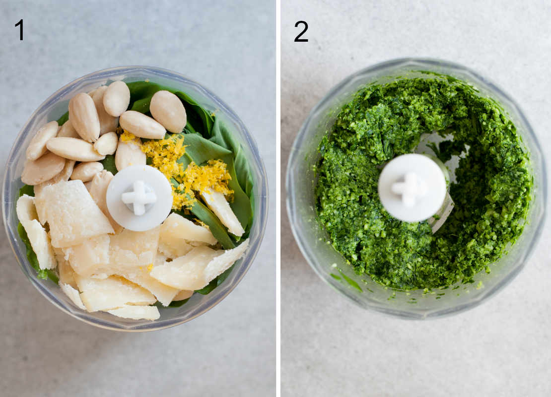 Wild garlic pesto preparation steps.