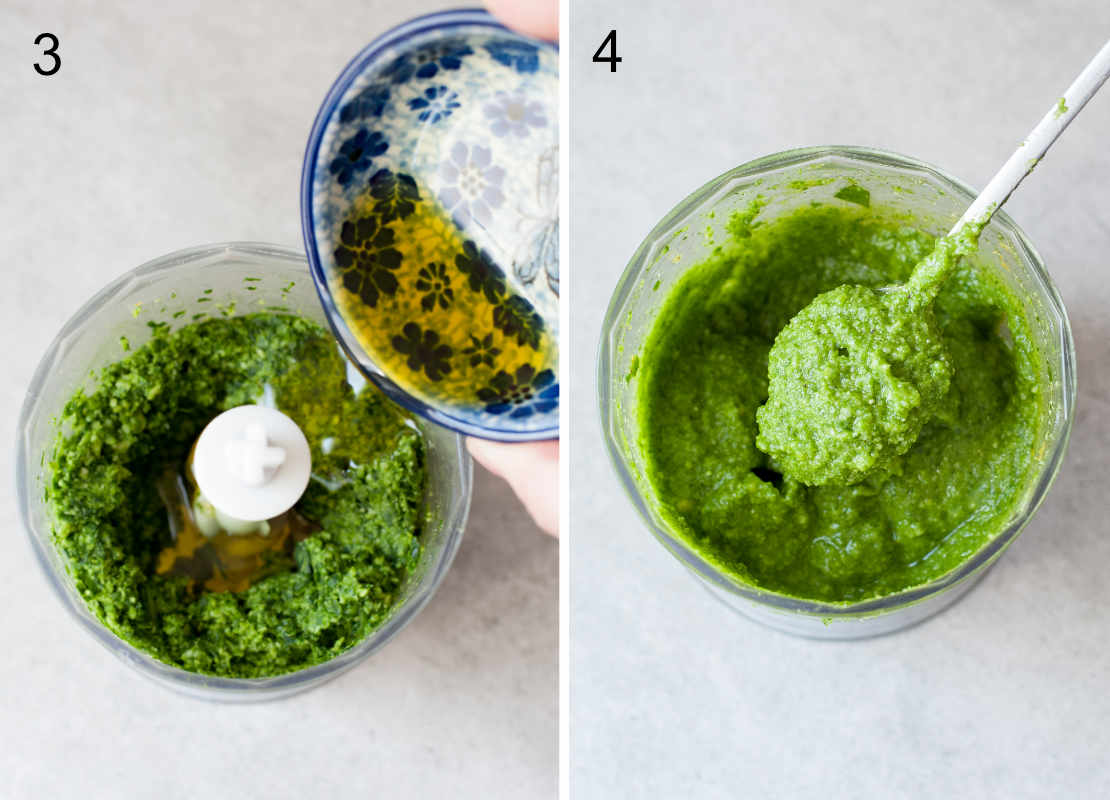 Wild garlic pesto preparation steps.