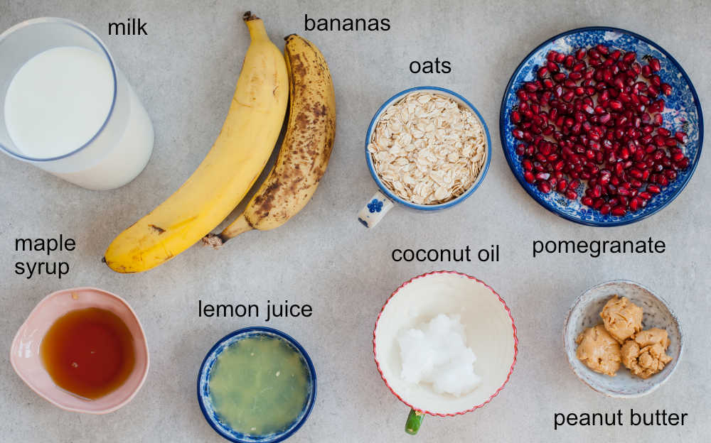 Labeled ingredients for banana peanut butter oatmeal.