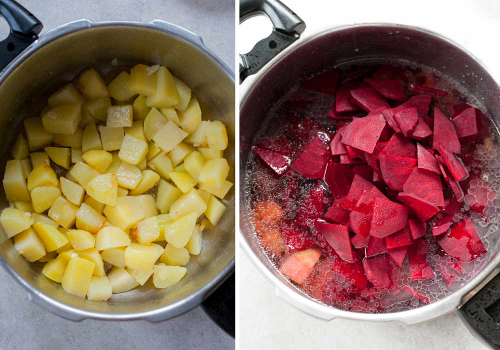 potatoes, broth and beets in a pot