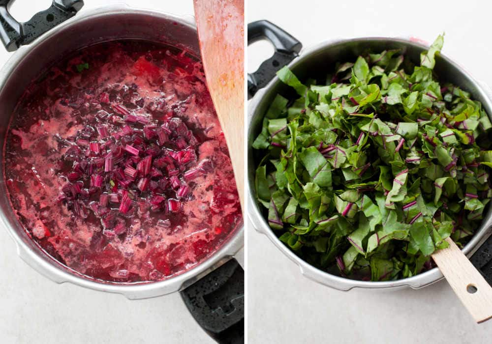 chopped beets stems and leaves in a pot