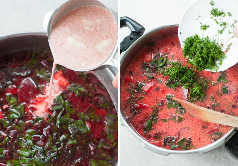 tempered cream and dill are being added to a beet soup