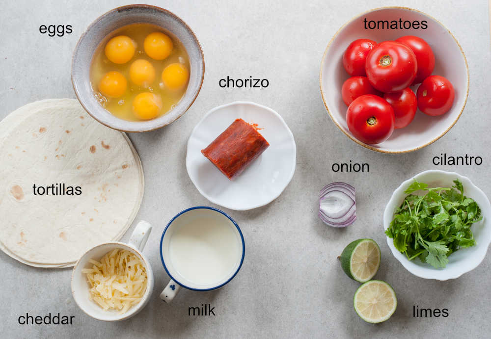 Ingredients needed to prepare breakfast tacos and pico de gallo.