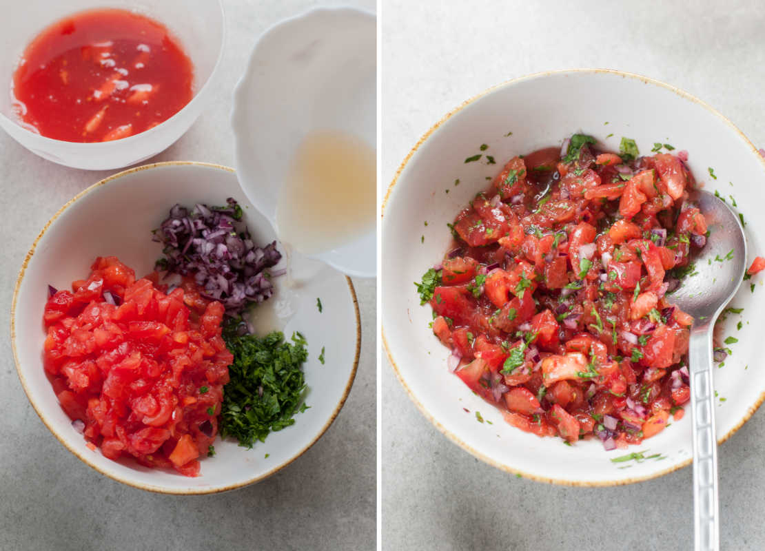 Preparing of pico de gallo. Pico de gallo in a white bowl.