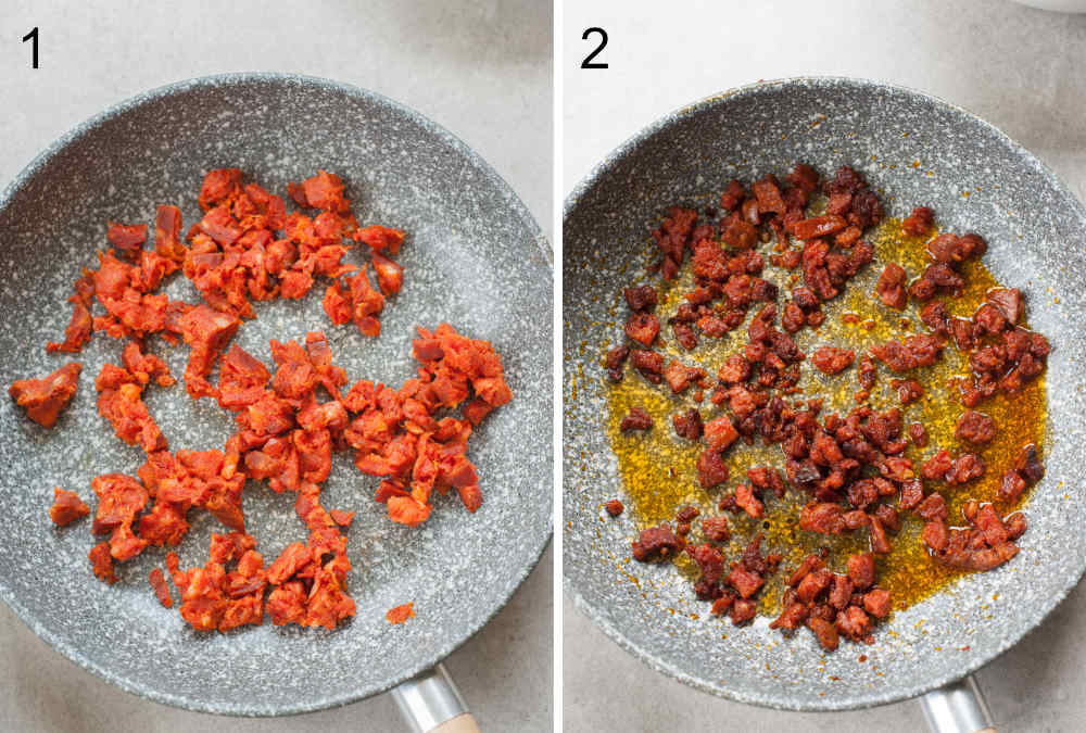 Chopped chorizo in a pan, cooked chorizo in a pan.