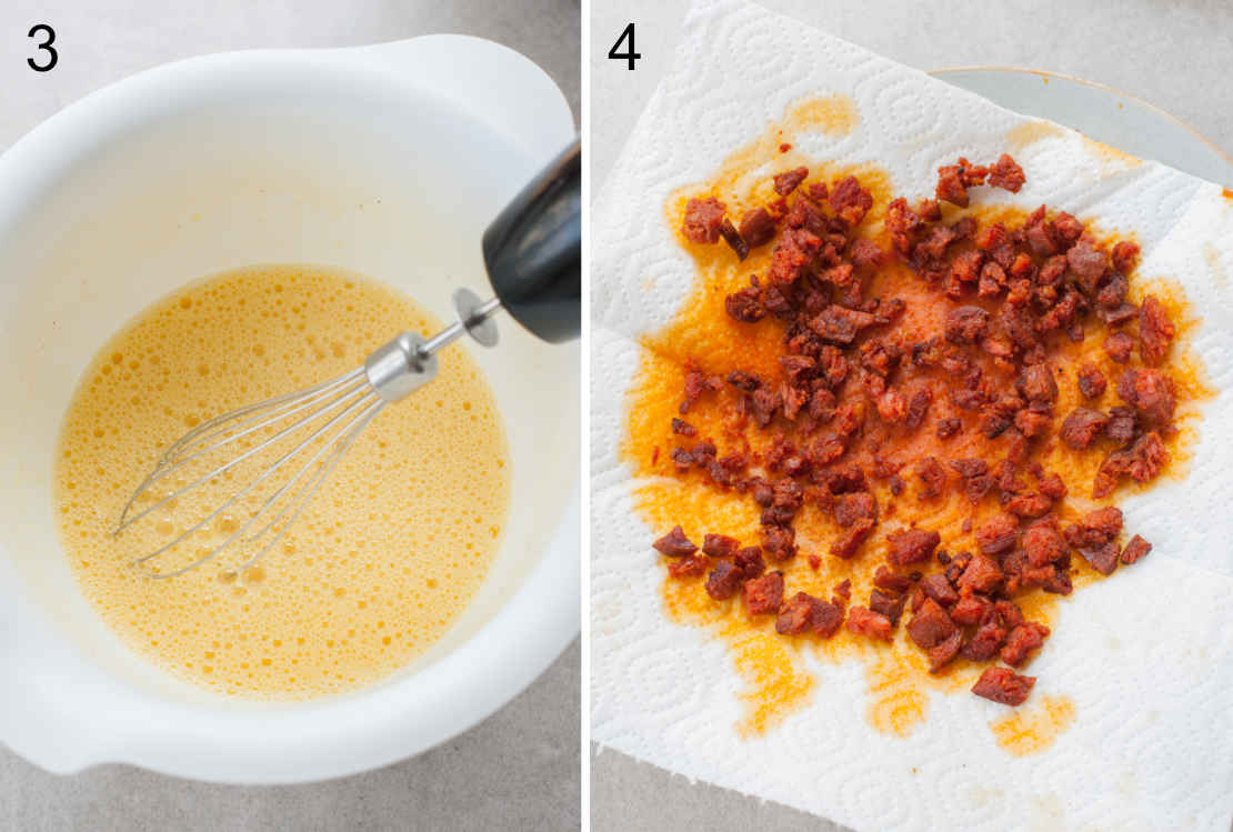 Beaten eggs in a white bowl, drained cooked chorizo sausage on a paper towel.