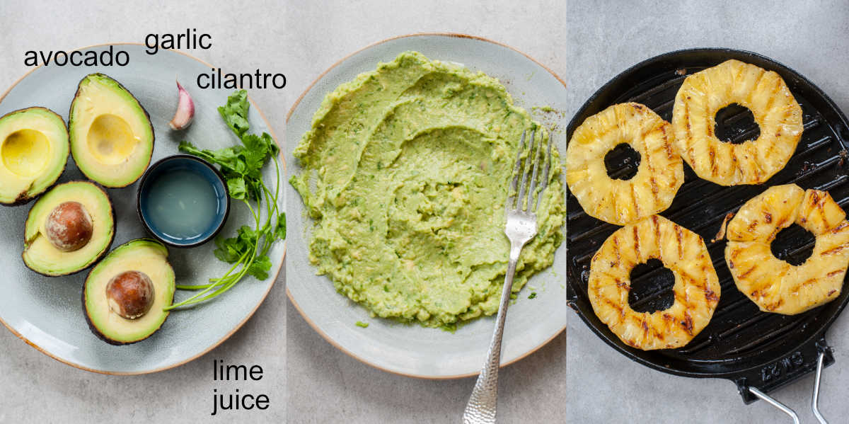 Ingredients and preparation steps of guacamole, grilled pineapple in a black pan.