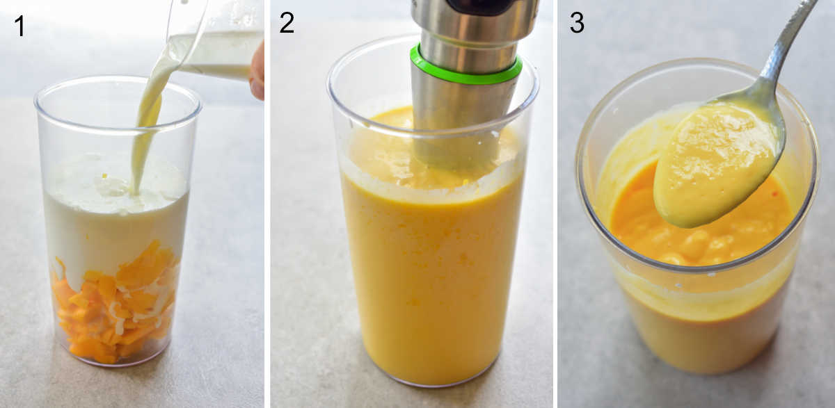 A collage of photos showing preparation steps of mango lassi.