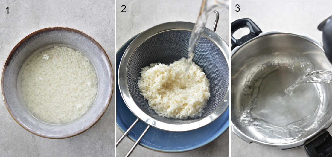 a collage of 3 photos showing the steps of preparing the sticky rice