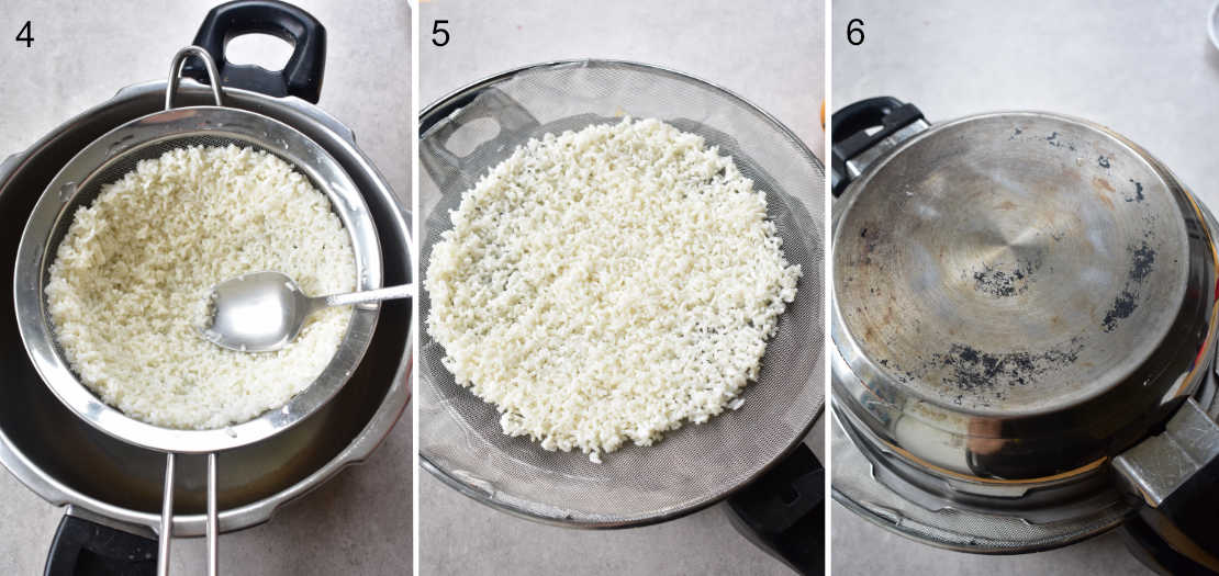 a collage of 3 photos showing the steps of steaming the sticky rice