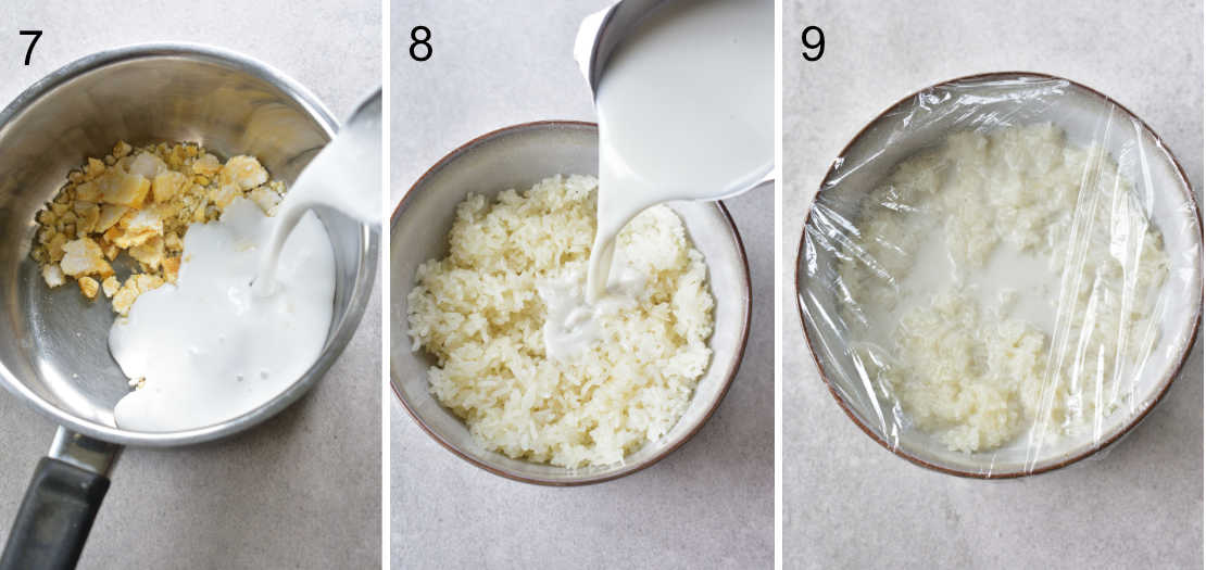 a collage of 3 photos showing the steps of preparing sticky rice and sweetened coconut milk