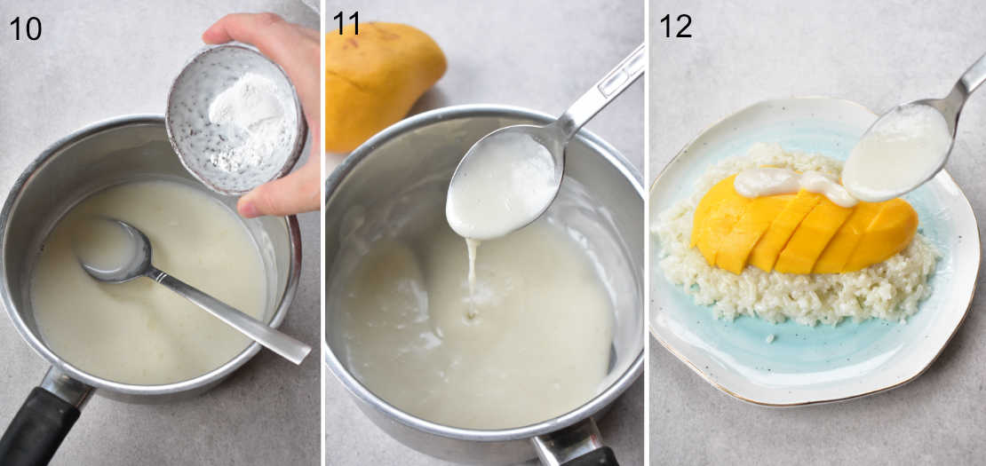 a collage of 3 photos showing the steps of preparing the coconut sauce and assembling the dish