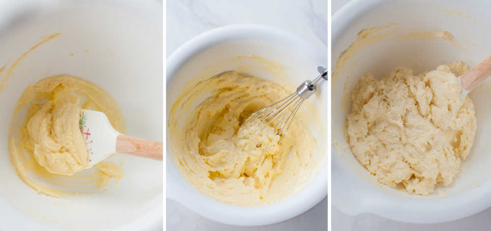 A collage of three photos showing making the cheese dough for dumplings in a white bowl.