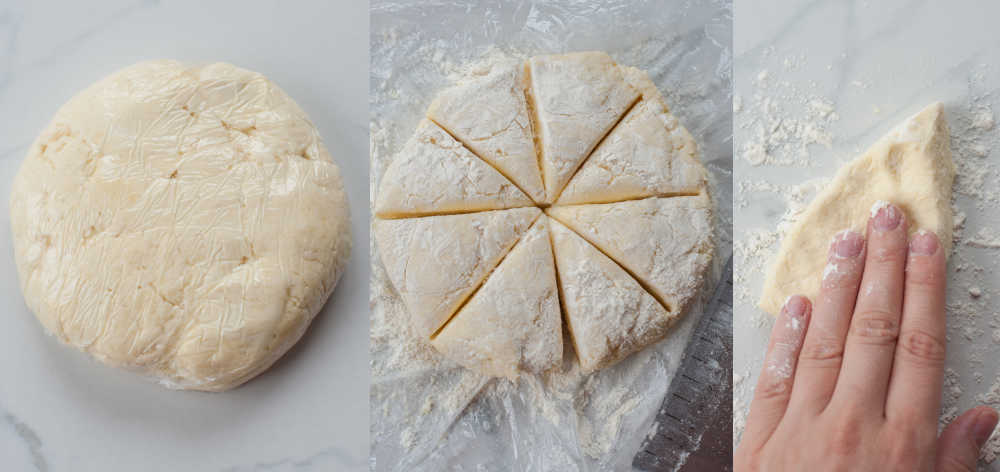 Dumpling dough in a form of a round disk, wrapped in plastic foil and divided into 8 parts.