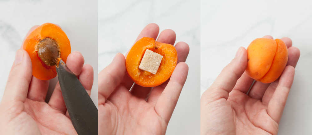 A collage of three photos showing removing the apricot stone and placing a sugar cube in its place.