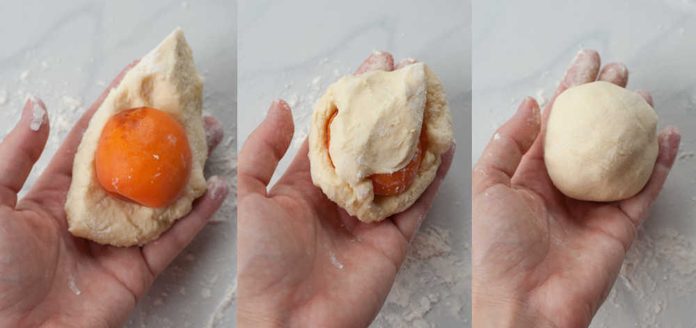 A collage of three photos showing covering an apricot with dumpling dough.