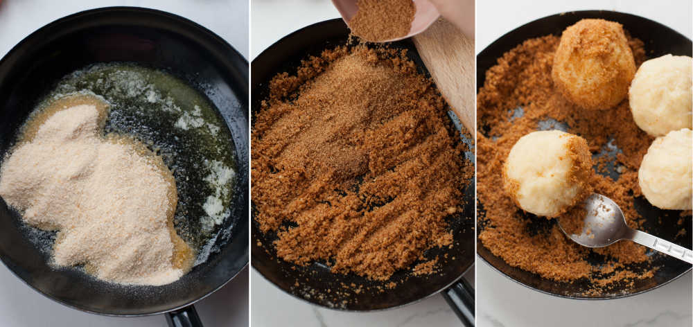 A collage of three photos showing making the breadcrumb topping and rolling the cooked dumplings in it.