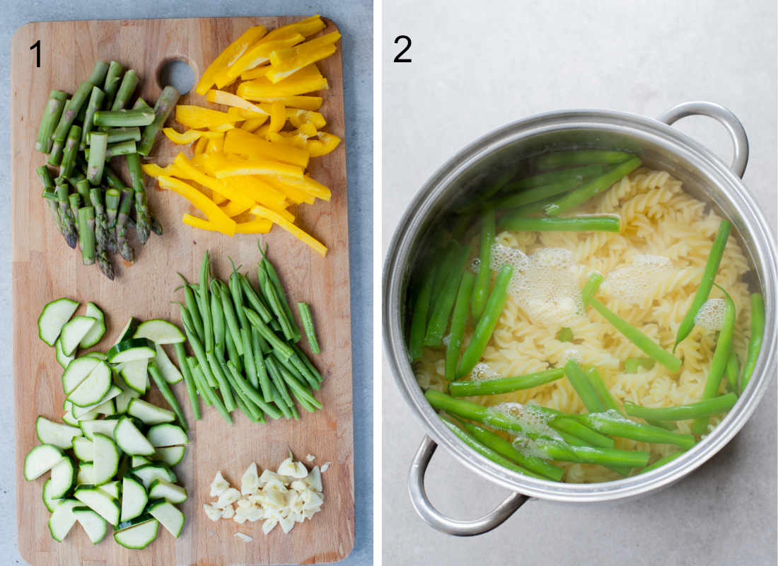 chopped vegetables on a wooden board, pasta and green beans are being cooked in a pot