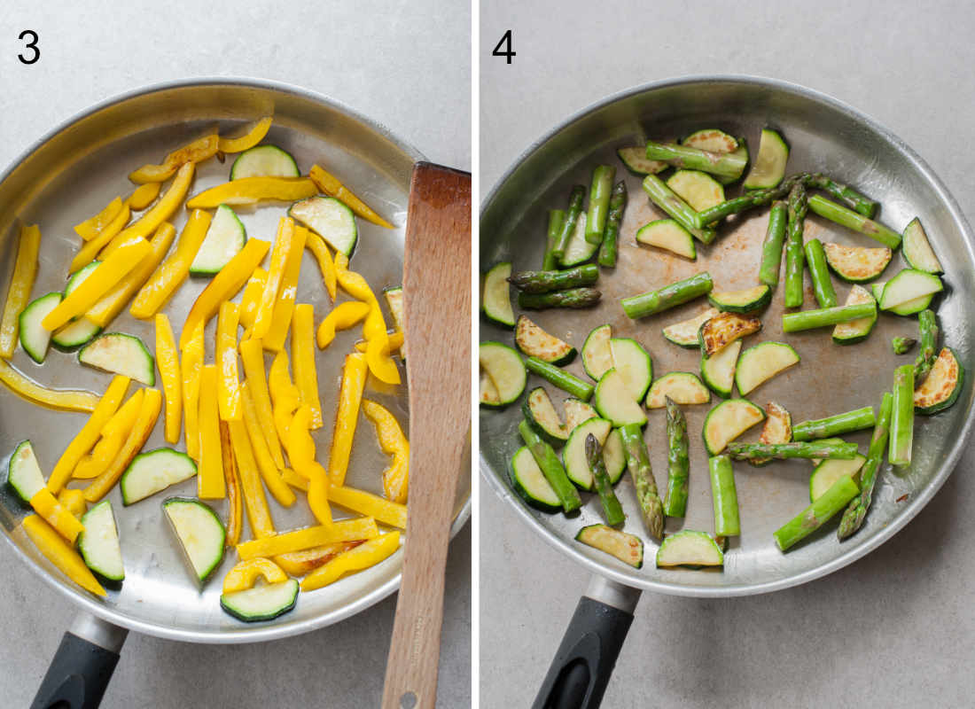 yellow bell paprika, zucchini and asparagus are being pan-fried in a pan