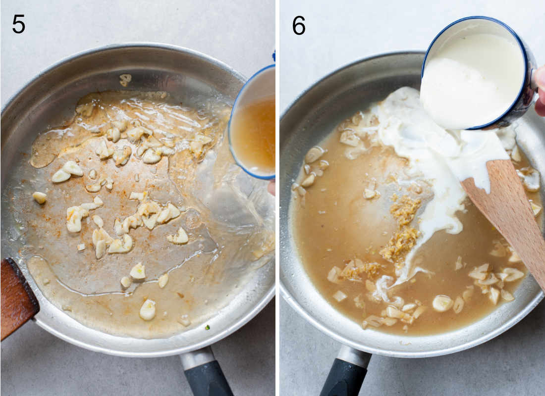 broth and cream are being added to garlic in a pan