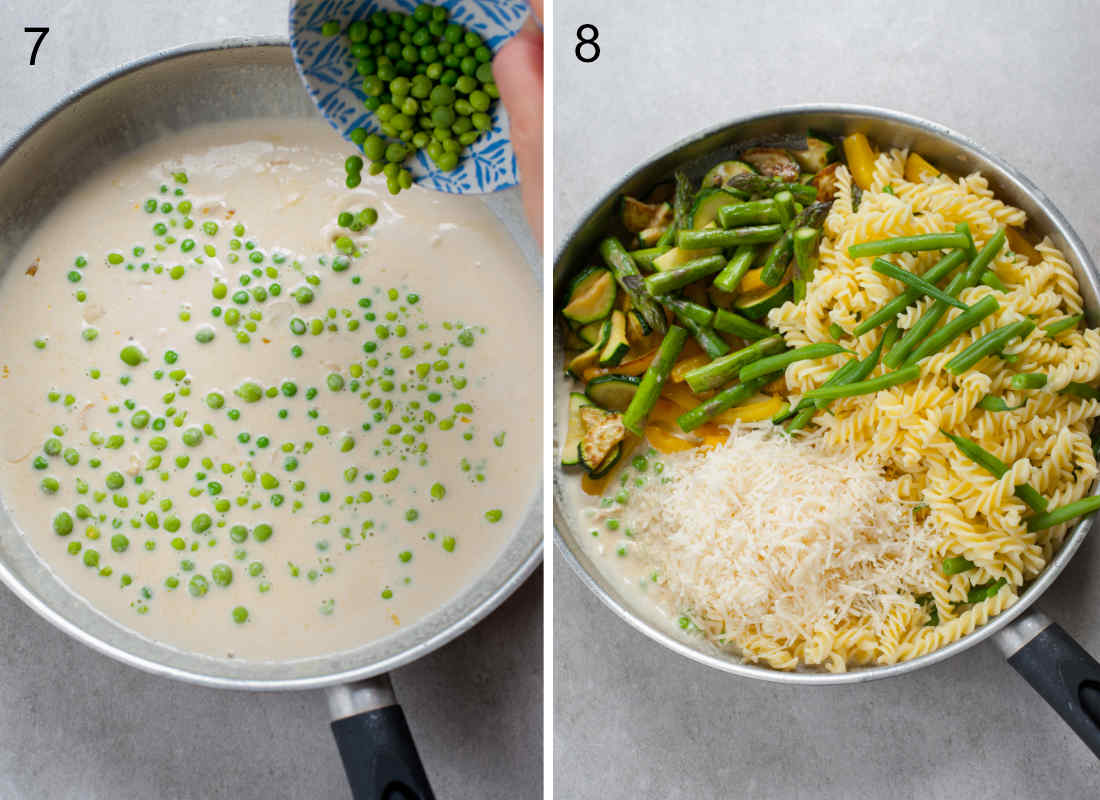 peas in a creamy sauce, all the ingredients for pasta primavera in a pan