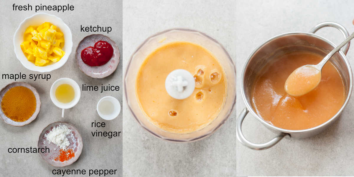 Ingredients and preparation steps of pineapple sauce.