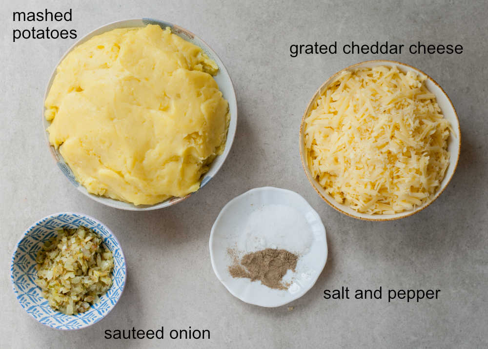 Labeled ingredients needed to prepare potato and cheese pierogi filling.