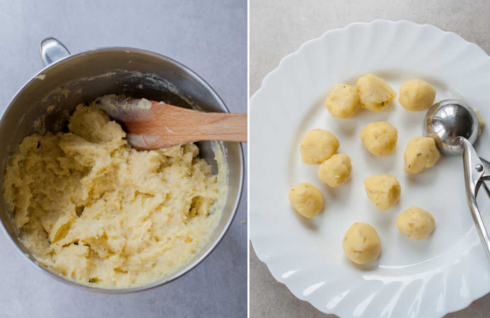 Potato and cheese pierogi filling in a metal bowl and shaped into balls on a white plate.