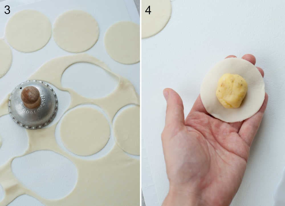 Cut out rounds in rolled out pierogi dough, filling on a pierogi dough round.