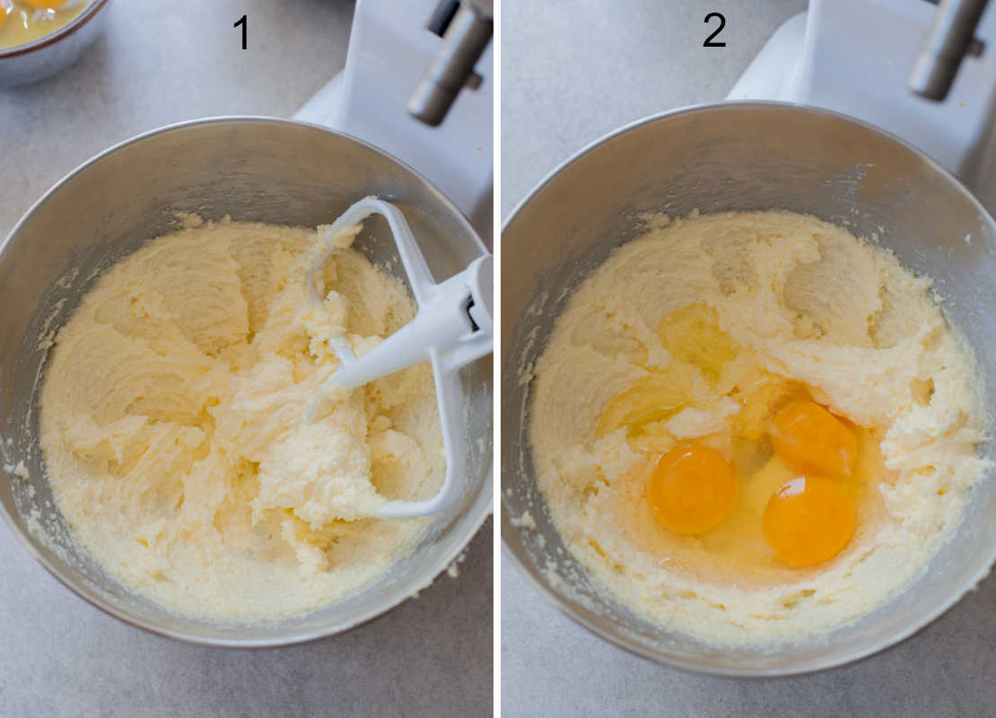 creamed sugar and butter in a metal bowl, eggs with creamed sugar and butter