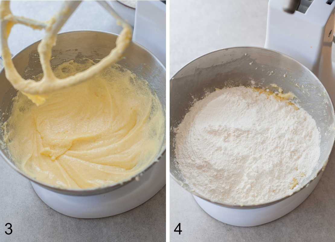 creamed butter and sugar with eggs, flour added to a bowl