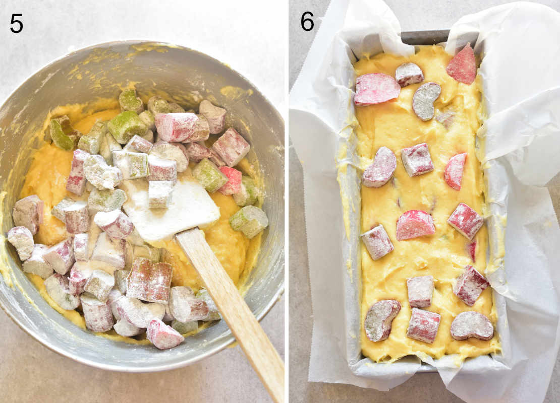 rhubarb on top of cake batter, cake batter in a baking pan