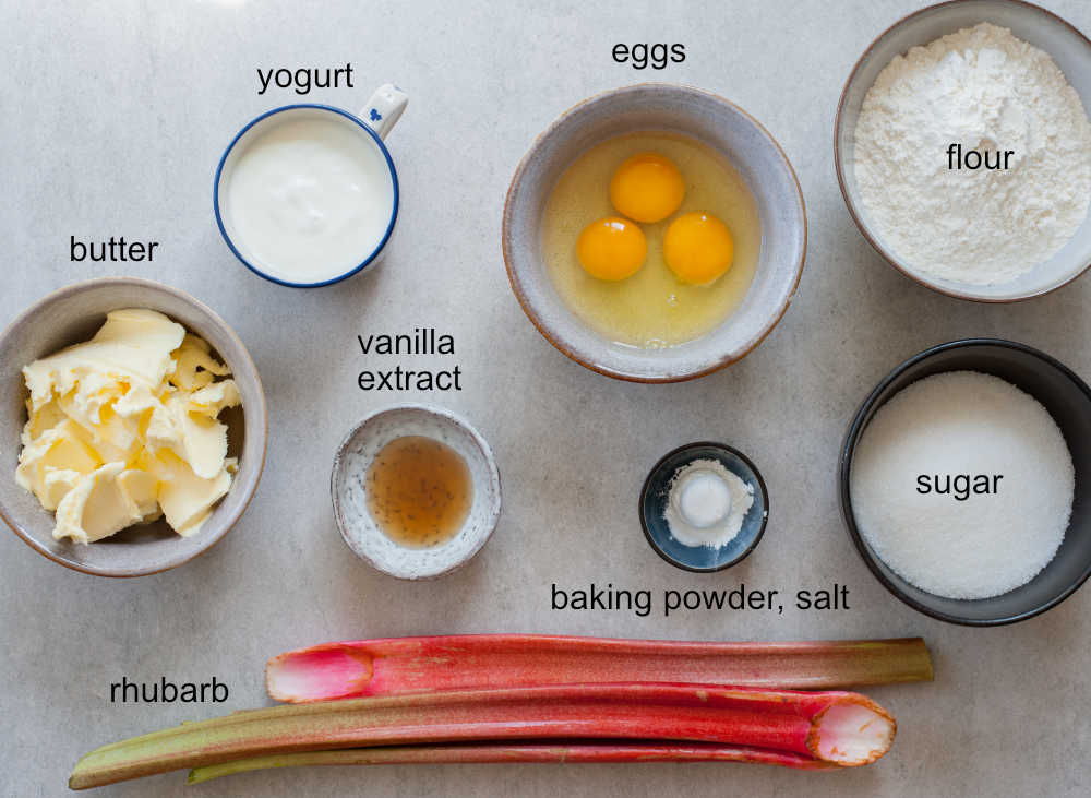 ingredients needed to make easy rhubarb cake