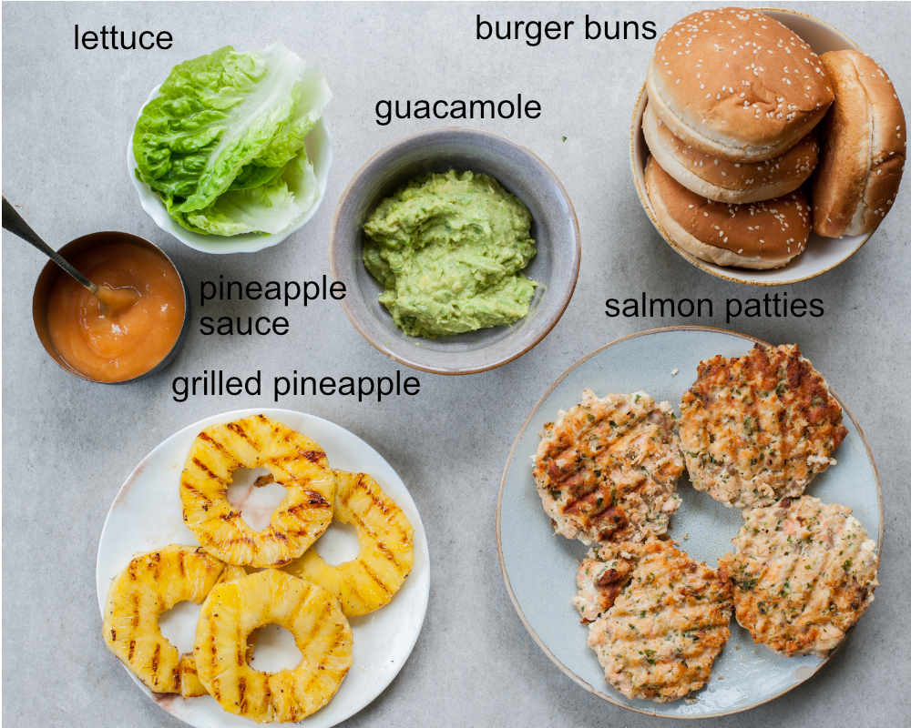 Ingredients needed to prepare salmon burgers with pineapple and guacamole.