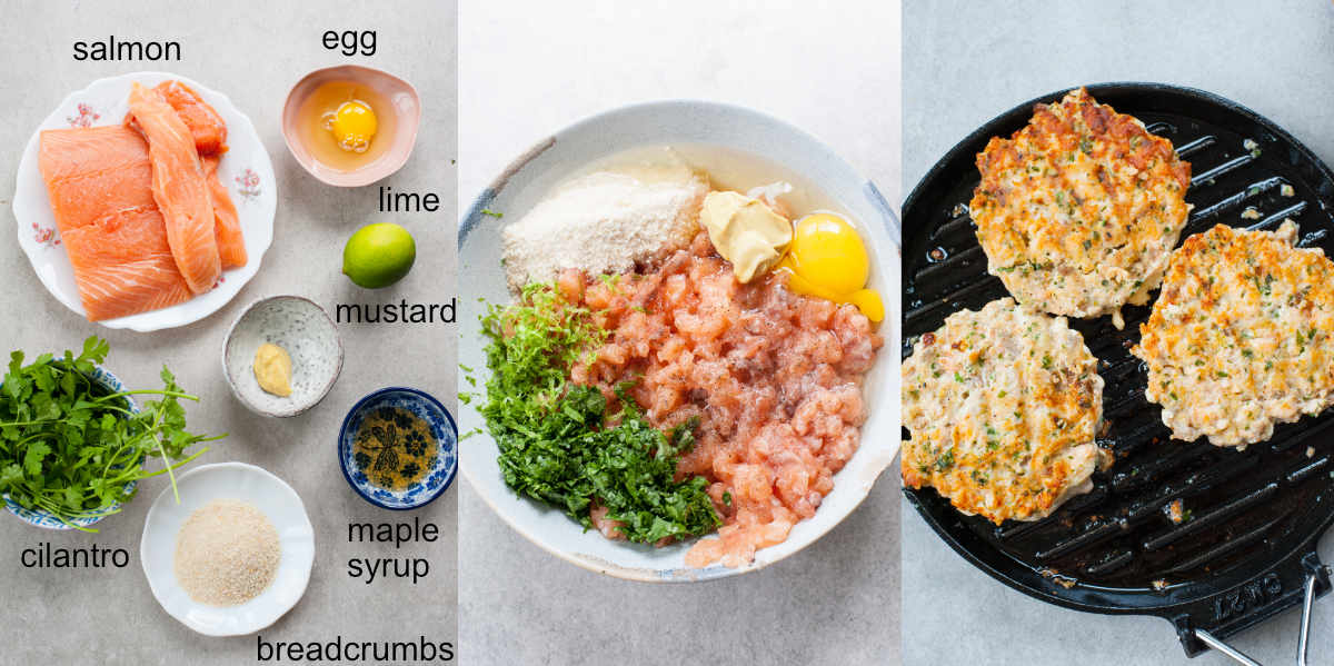 Ingredients and preparation steps of salmon patties.