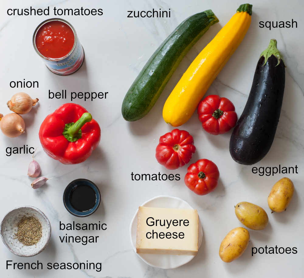 Labeled ingredients needed to prepare baked ratatouille.