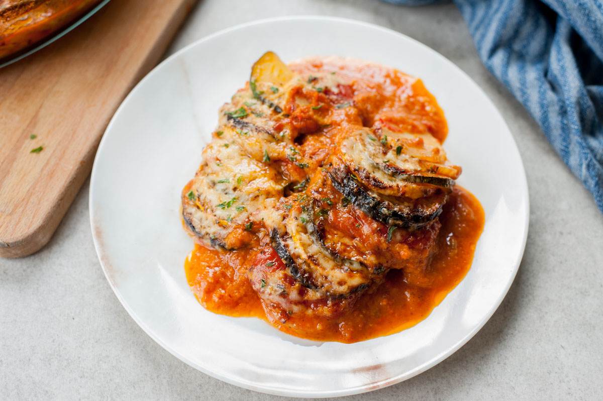 One serving of confit byaldi on a white plate.