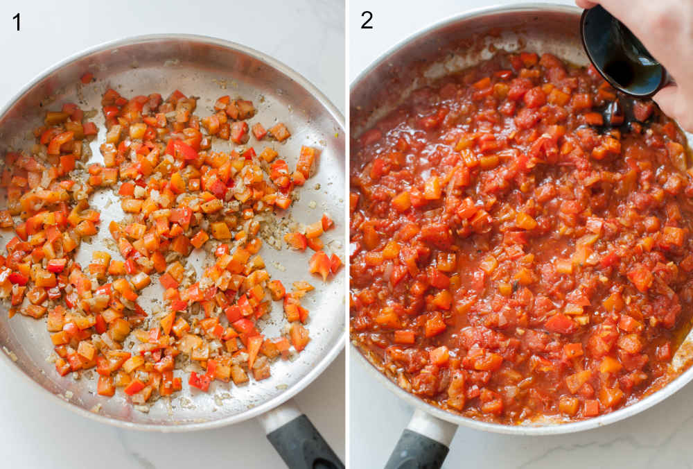 Left photo: onion, garlic and bell paprika in a pan, right photo: paprika tomato sauce in a pan.