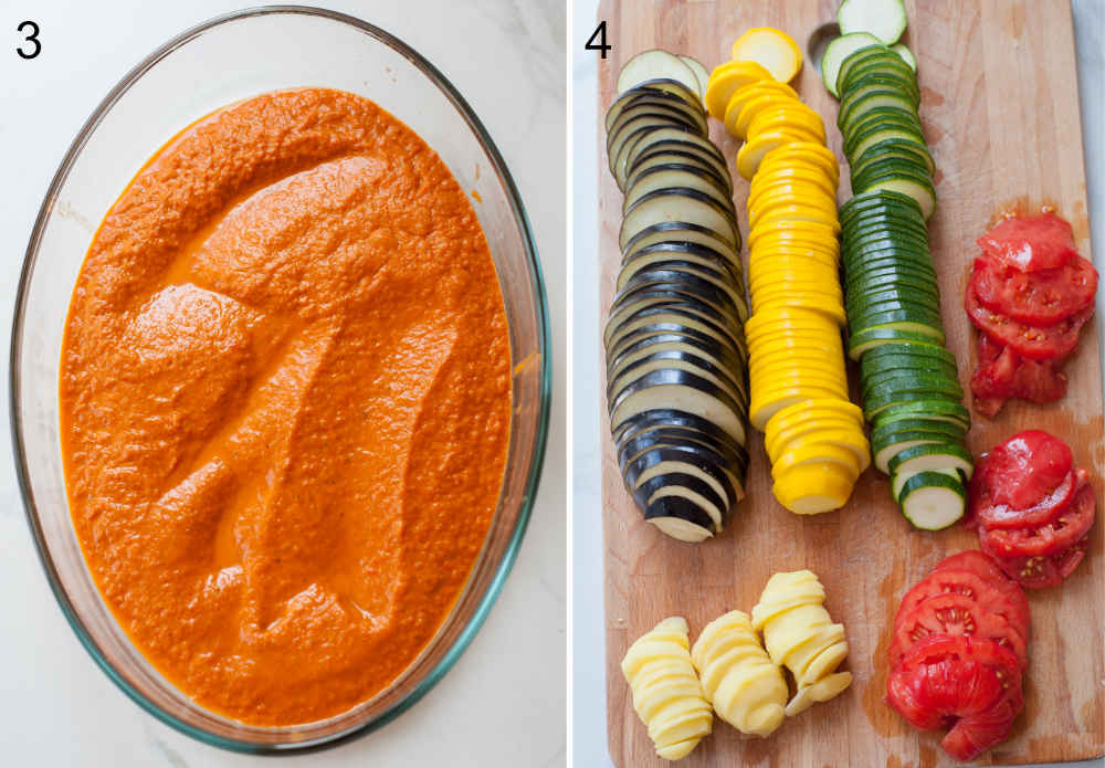 Left photo: paprika-tomato sauce in a  baking dish, right photo: sliced vegetables on a board.
