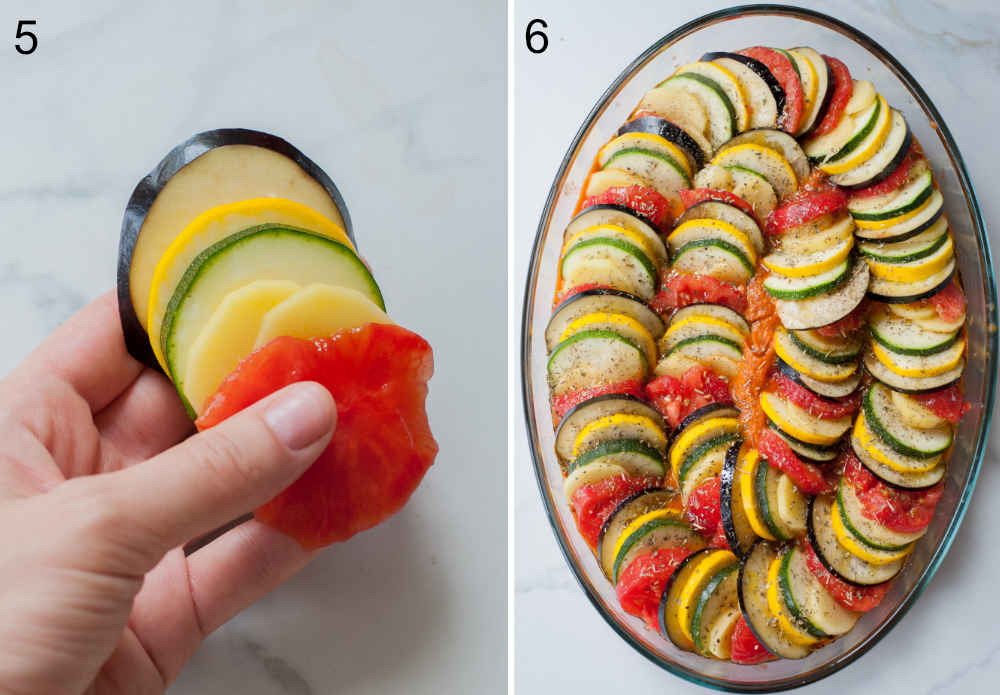 sliced vegetables arranged in a baking dish