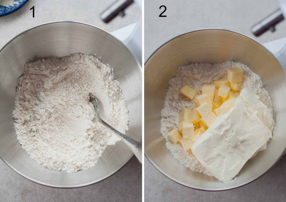 ingredients for cream cheese dough in a metal bowl