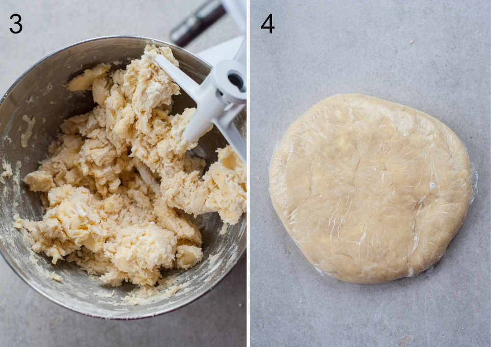 kruche ciasto z serem w misie miksera i zawinięte w folię plastikową