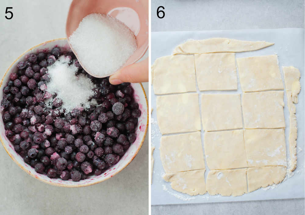 left photo: sugar is being added to blueberries, right: rolled out dough cut into squares