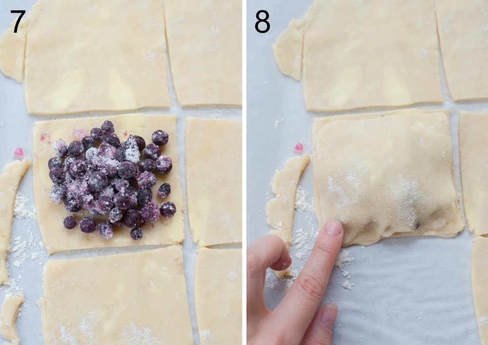 left: blueberries on a square piece of dough, right: edges of hand pies are being pinched 