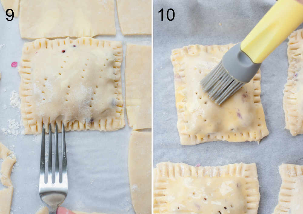 edges of a hand pie are being pinched with a fork and brushed with egg wash