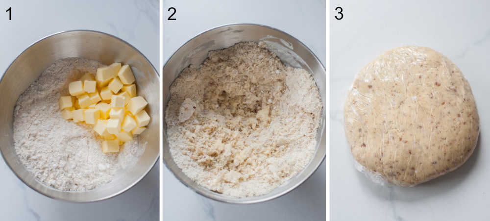 a collage of 3 photos showing pastry crust preparation steps