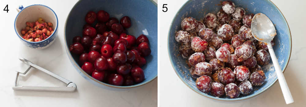 pitted cherries in a blue bowl mixed with cornstarch and spices