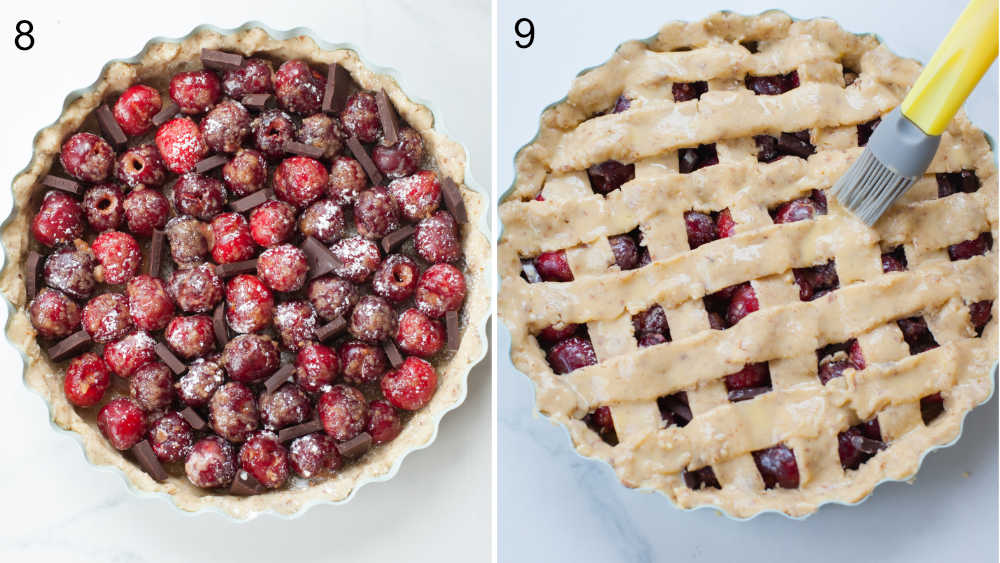 left photo: pastry crust filled with cherries and chocolate, right photo: pastry lattice is being brushed with egg wash