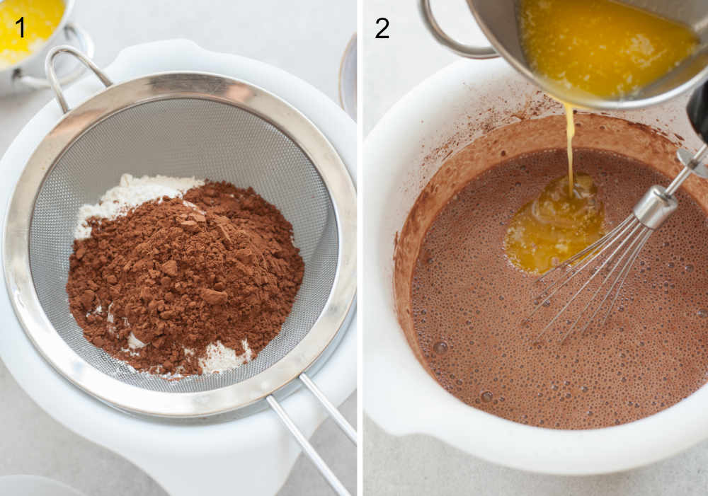 left: flour and cocoa are being sifted, right: butter is being added to pancake batter